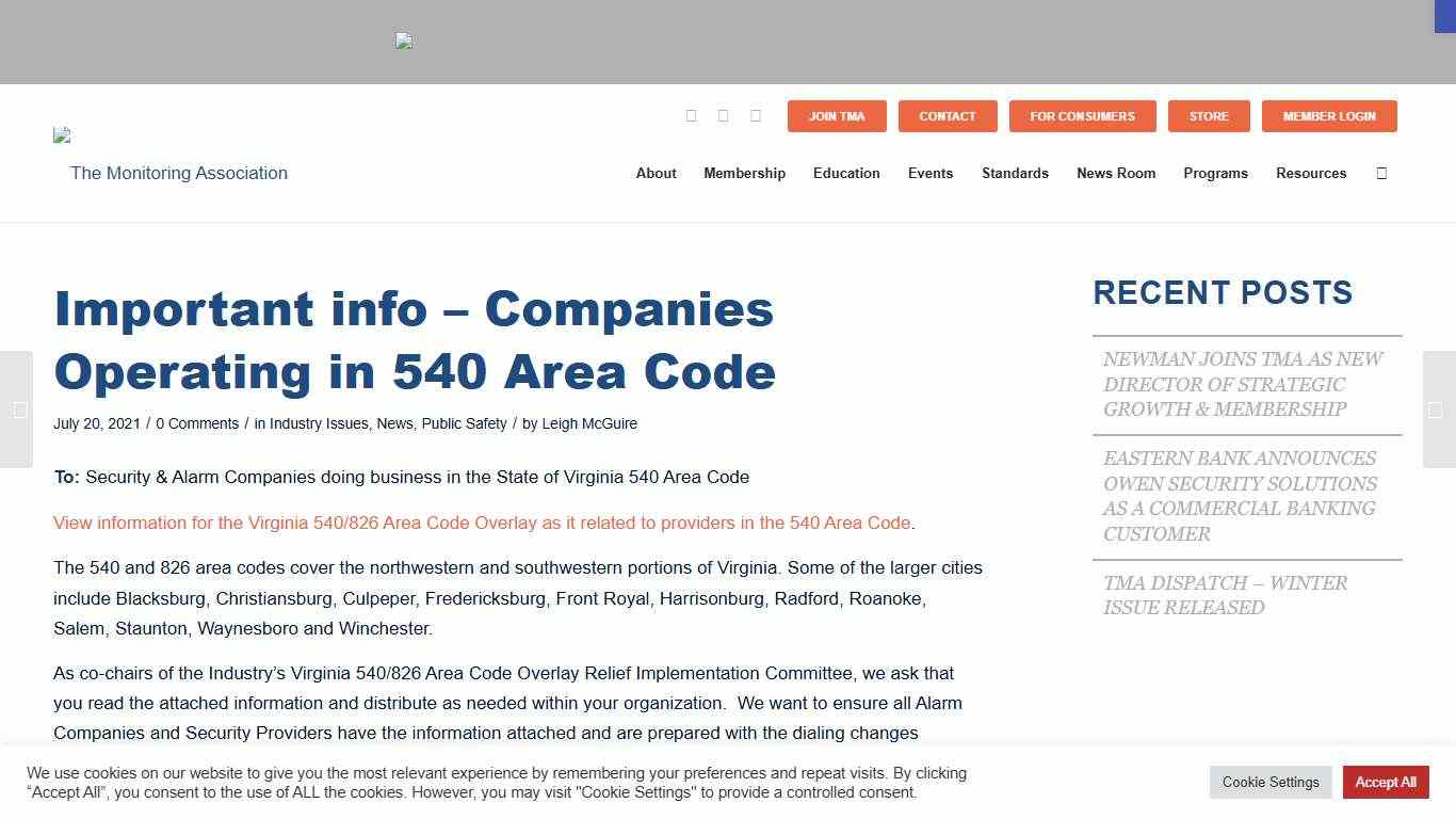 Important info – Companies Operating in 540 Area Code – The Monitoring Association